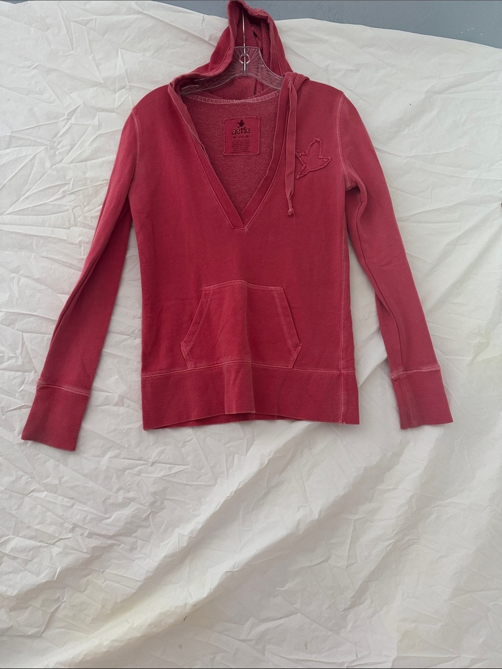 aerie 90’s Y2K V-Neck Hooded Sweater in Deep Rose